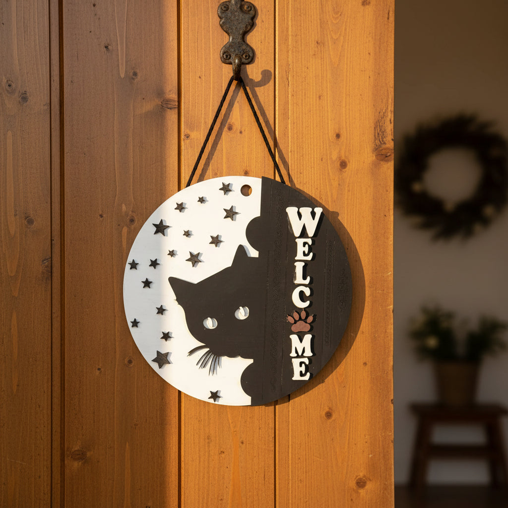 Welcome black cat Door hanger sign