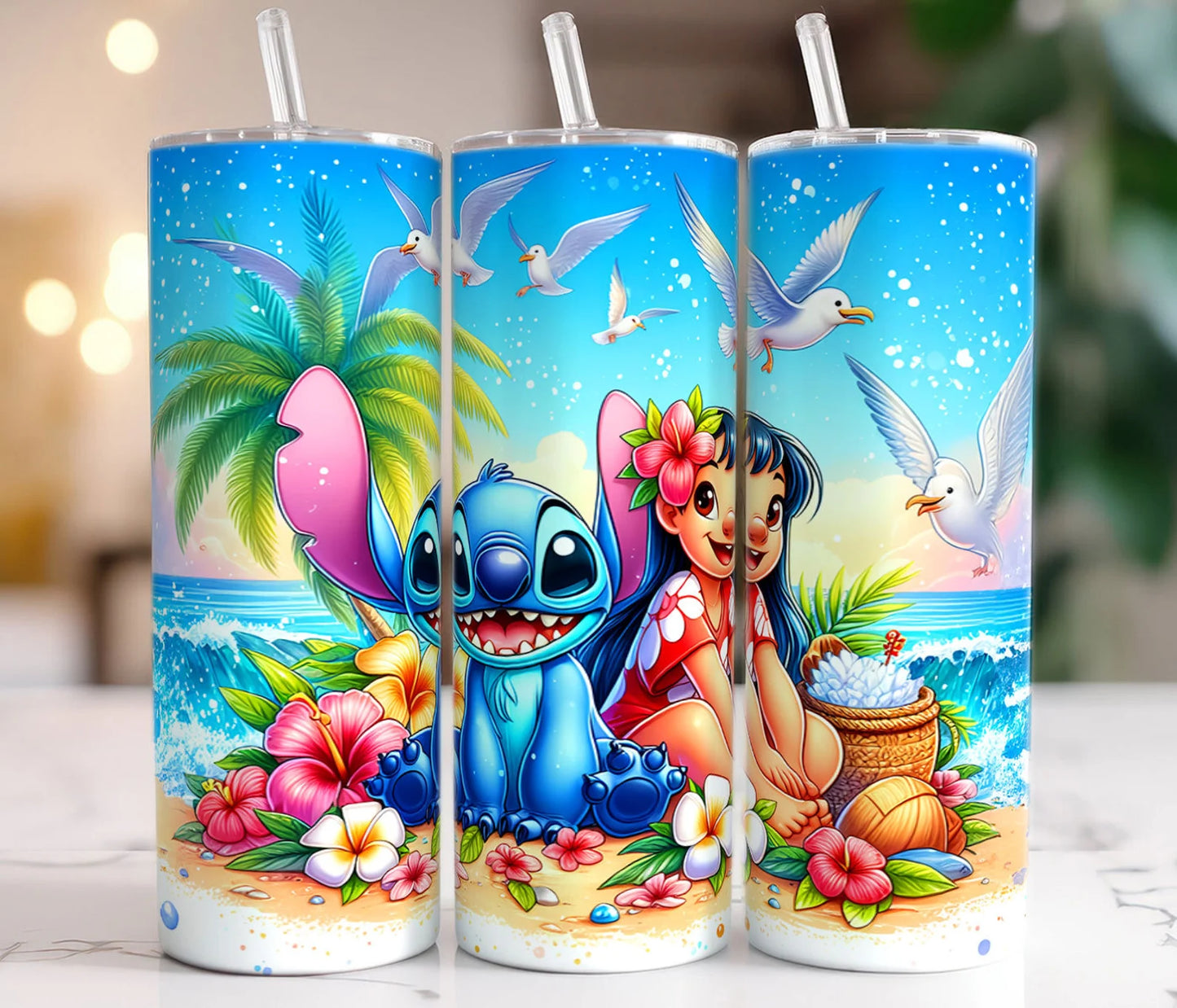 20 oz Sublimation Lilo and stitch Beach flowers
