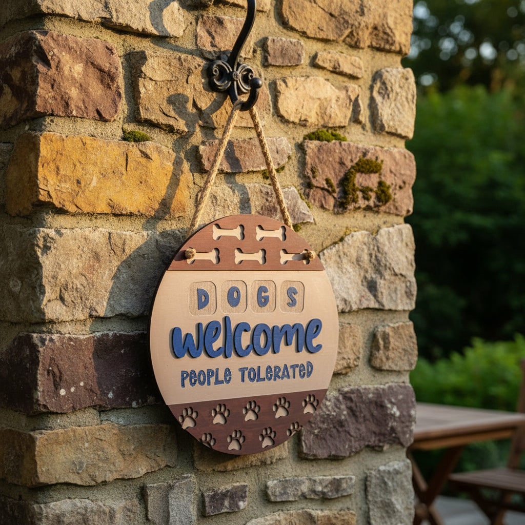Dogs welcome people tolerated door sign