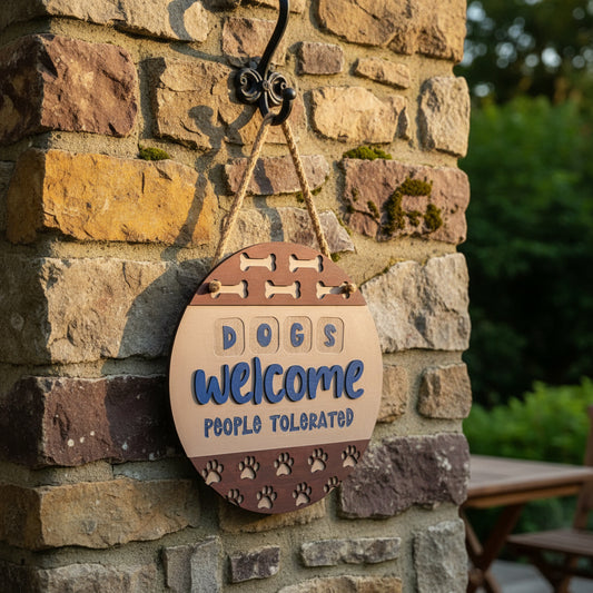Dogs welcome people tolerated door sign