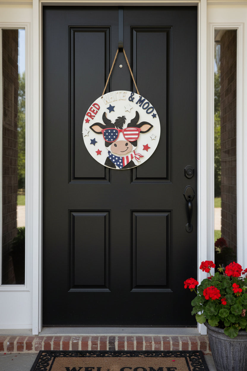 Red White and Boo Patriotic Cow door hanger