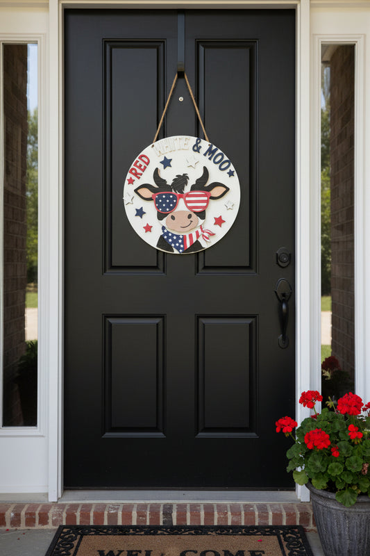 Red White and Boo Patriotic Cow door hanger